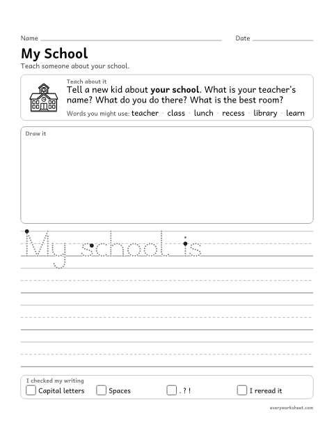 Preview of the printable “My school” worksheet: writing to teach facts about a topic, with an ending