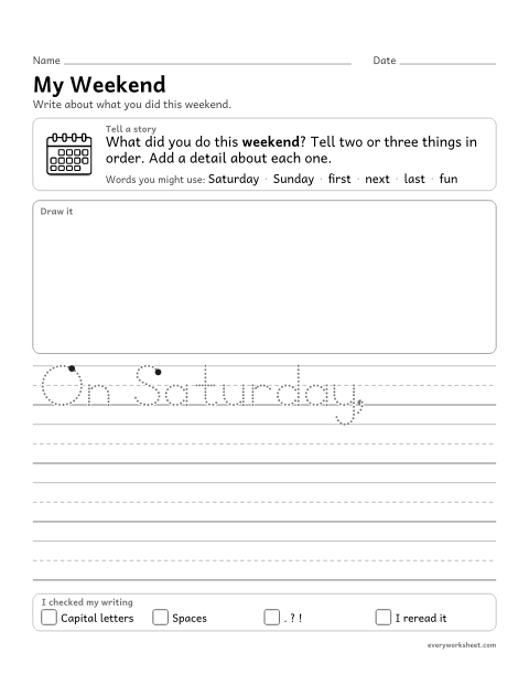 Preview of the printable “My weekend” worksheet: writing a short story with events in order, details and an ending