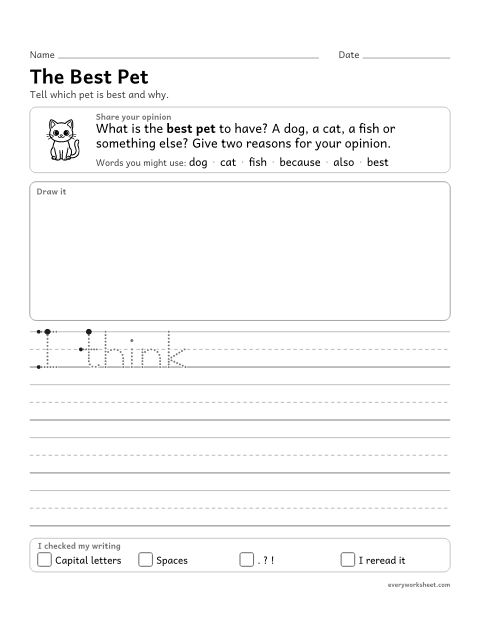 Preview of the printable “The best pet” worksheet: writing an opinion with a reason and an ending