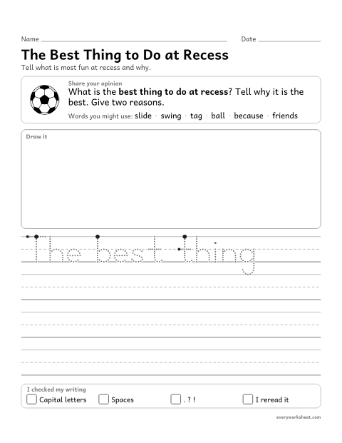 Preview of the printable “The best thing to do at recess” worksheet: writing an opinion with a reason and an ending