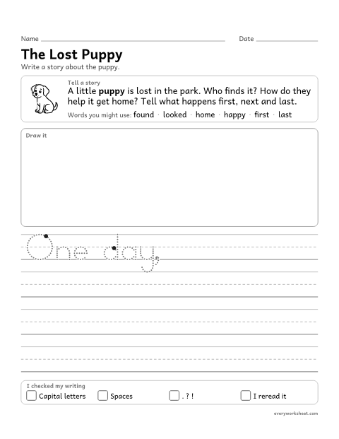 Preview of the printable “The lost puppy” worksheet: writing a story from a picture with events in order