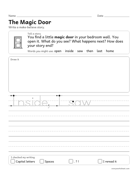 Preview of the printable “The magic door” worksheet: writing a make-believe story with a beginning, middle and end