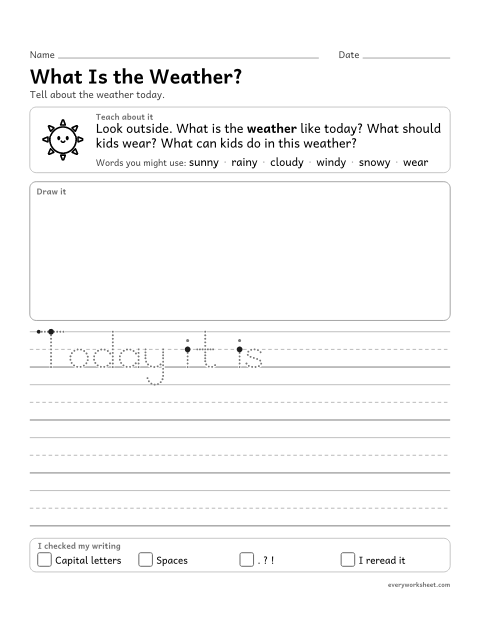 Preview of the printable “What is the Weather?” worksheet: writing facts about the weather from what you see