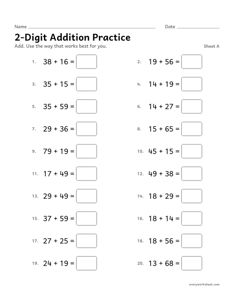 Preview of the printable “2-Digit addition Practice, sheet A” worksheet: adding within 100 fluently