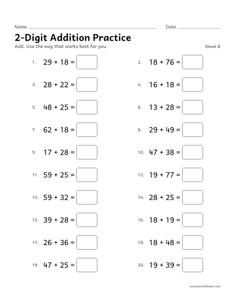 Preview of the printable “2-Digit addition Practice, sheet B” worksheet: adding within 100 fluently