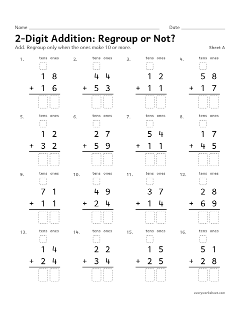 Preview of the printable “2-Digit Addition: regroup or Not?, sheet A” worksheet: deciding when to regroup in two-digit addition
