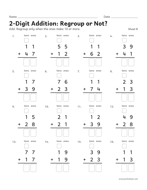 Preview of the printable “2-Digit Addition: regroup or Not?, sheet B” worksheet: deciding when to regroup in two-digit addition