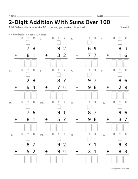 Preview of the printable “2-Digit addition with sums over 100, sheet A” worksheet: adding two-digit numbers with sums over 100