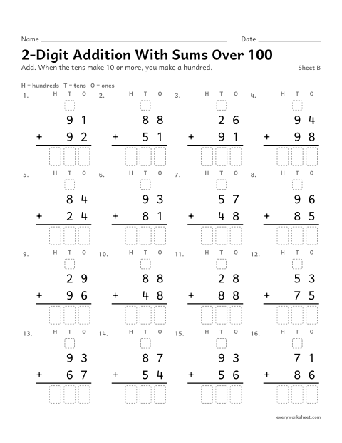 Preview of the printable “2-Digit addition with sums over 100, sheet B” worksheet: adding two-digit numbers with sums over 100