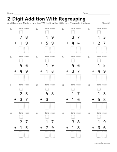 Preview of the printable “2-Digit addition with Regrouping, sheet C” worksheet: adding two-digit numbers with regrouping