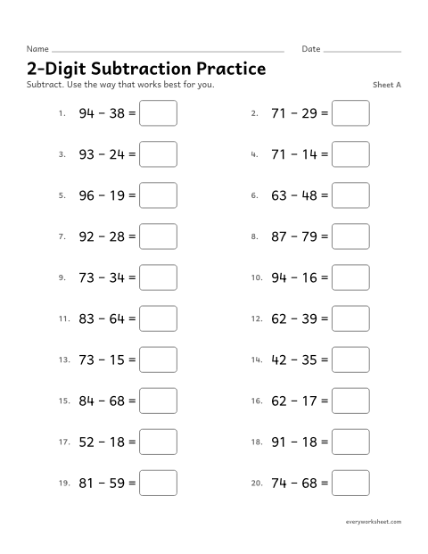 Preview of the printable “2-Digit subtraction Practice, sheet A” worksheet: subtracting within 100 fluently