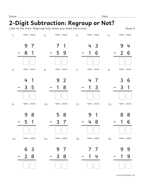 Preview of the printable “2-Digit Subtraction: regroup or Not?, sheet A” worksheet: deciding when to regroup in two-digit subtraction