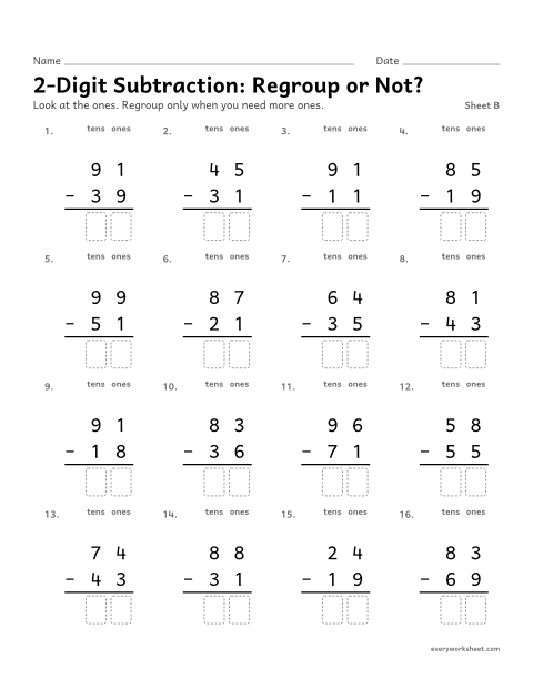 Preview of the printable “2-Digit Subtraction: regroup or Not?, sheet B” worksheet: deciding when to regroup in two-digit subtraction