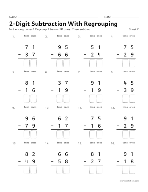 Preview of the printable “2-Digit subtraction with Regrouping, sheet C” worksheet: subtracting two-digit numbers with regrouping