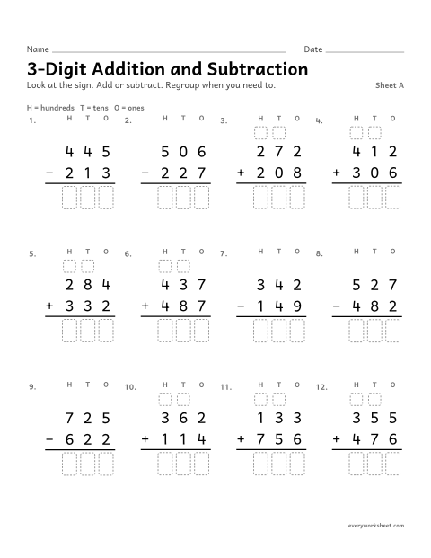Preview of the printable “3-Digit addition and Subtraction, sheet A” worksheet: adding and subtracting within 1000