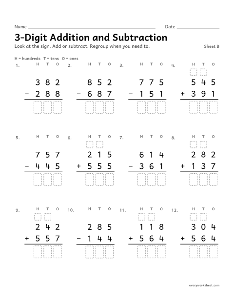 Preview of the printable “3-Digit addition and Subtraction, sheet B” worksheet: adding and subtracting within 1000