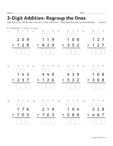 Preview of the printable “3-Digit Addition: regroup the Ones, sheet A” worksheet: adding three-digit numbers, making a new ten
