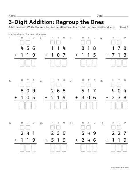 Preview of the printable “3-Digit Addition: regroup the Ones, sheet B” worksheet: adding three-digit numbers, making a new ten