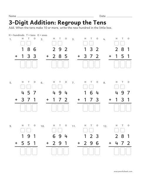Preview of the printable “3-Digit Addition: regroup the tens” worksheet: adding three-digit numbers, making a new hundred