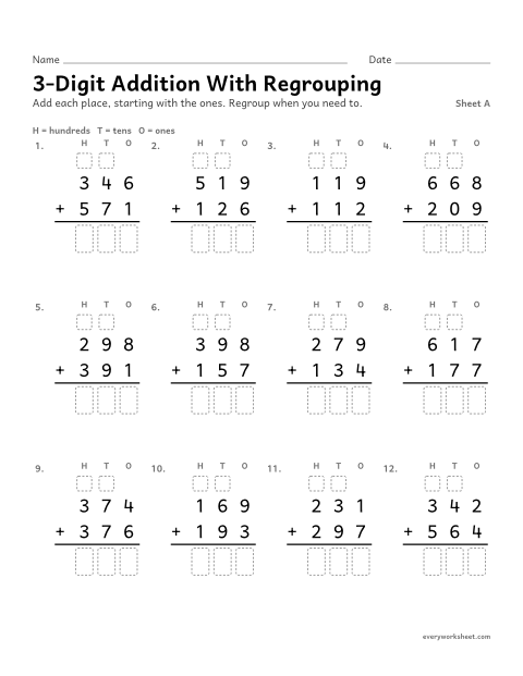 Preview of the printable “3-Digit addition with Regrouping, sheet A” worksheet: adding three-digit numbers with regrouping