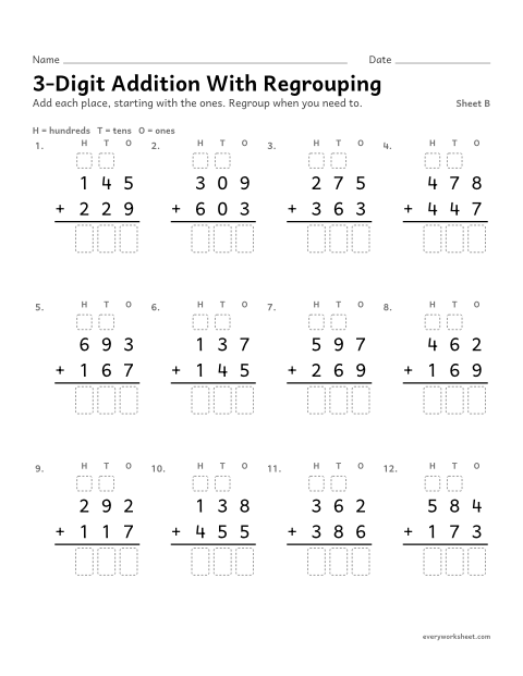 Preview of the printable “3-Digit addition with Regrouping, sheet B” worksheet: adding three-digit numbers with regrouping