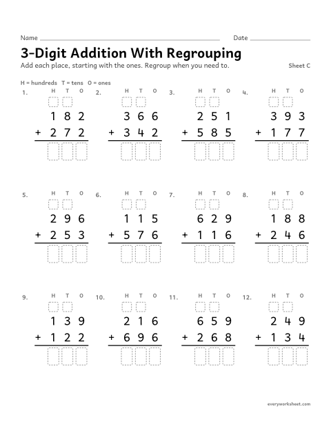 Preview of the printable “3-Digit addition with Regrouping, sheet C” worksheet: adding three-digit numbers with regrouping