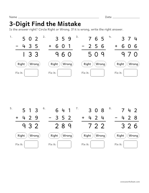 Preview of the printable “3-Digit find the mistake” worksheet: explaining three-digit addition and subtraction by finding a mistake
