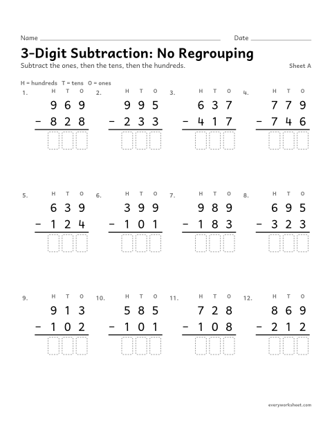 Preview of the printable “3-Digit Subtraction: no Regrouping, sheet A” worksheet: subtracting three-digit numbers without regrouping