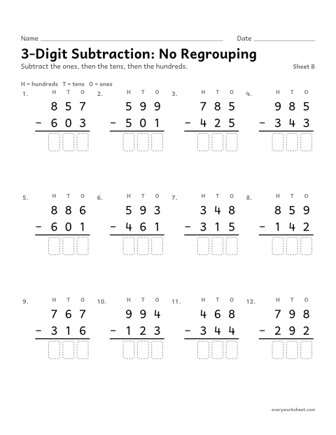 Preview of the printable “3-Digit Subtraction: no Regrouping, sheet B” worksheet: subtracting three-digit numbers without regrouping