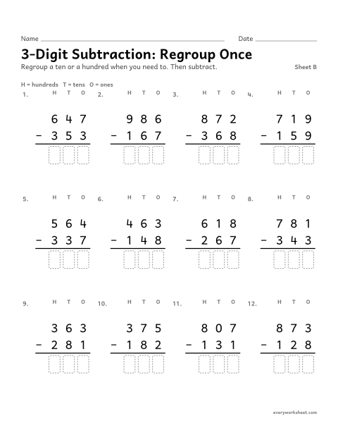 Preview of the printable “3-Digit Subtraction: regroup Once, sheet B” worksheet: subtracting three-digit numbers with one regroup