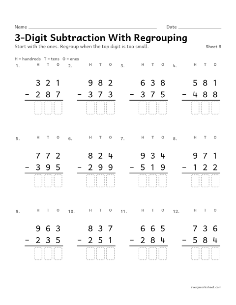 Preview of the printable “3-Digit subtraction with Regrouping, sheet B” worksheet: subtracting three-digit numbers with regrouping