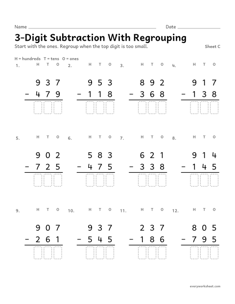 Preview of the printable “3-Digit subtraction with Regrouping, sheet C” worksheet: subtracting three-digit numbers with regrouping