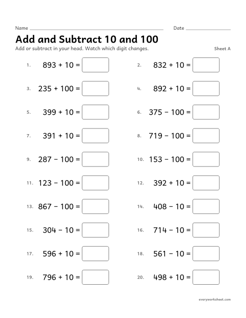 Preview of the printable “Add and subtract 10 and 100, sheet A” worksheet: mentally adding and subtracting 10 and 100