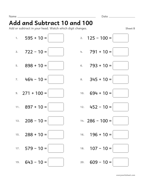 Preview of the printable “Add and subtract 10 and 100, sheet B” worksheet: mentally adding and subtracting 10 and 100
