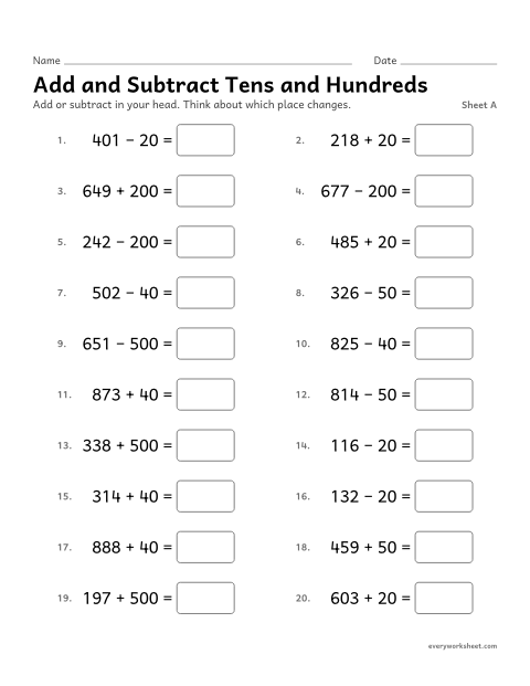 Preview of the printable “Add and subtract tens and Hundreds, sheet A” worksheet: adding and subtracting multiples of 10 and 100 within 1000