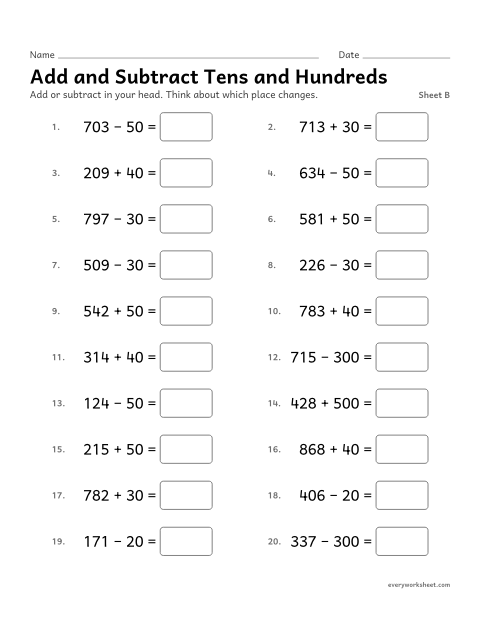 Preview of the printable “Add and subtract tens and Hundreds, sheet B” worksheet: adding and subtracting multiples of 10 and 100 within 1000