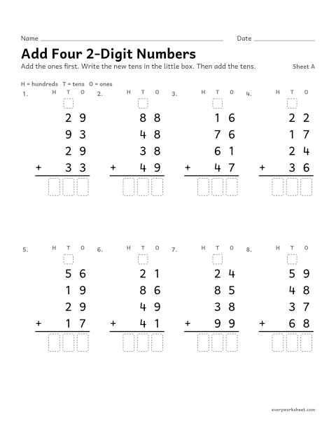 Preview of the printable “Add four 2-Digit Numbers, sheet A” worksheet: adding four two-digit numbers