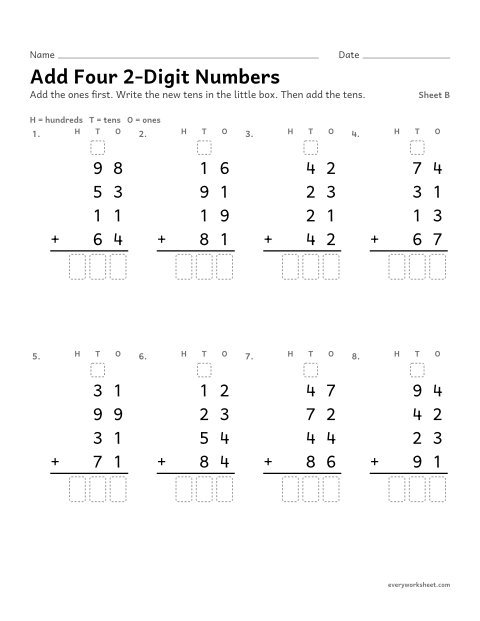 Preview of the printable “Add four 2-Digit Numbers, sheet B” worksheet: adding four two-digit numbers