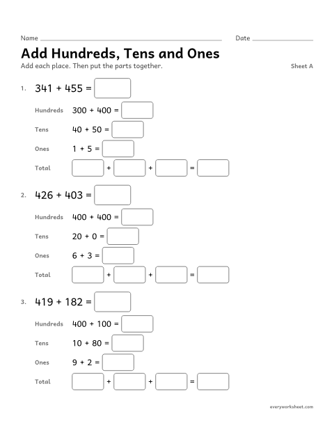 Preview of the printable “Add Hundreds, tens and Ones, sheet A” worksheet: adding three-digit numbers by place value