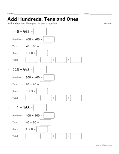 Preview of the printable “Add Hundreds, tens and Ones, sheet B” worksheet: adding three-digit numbers by place value