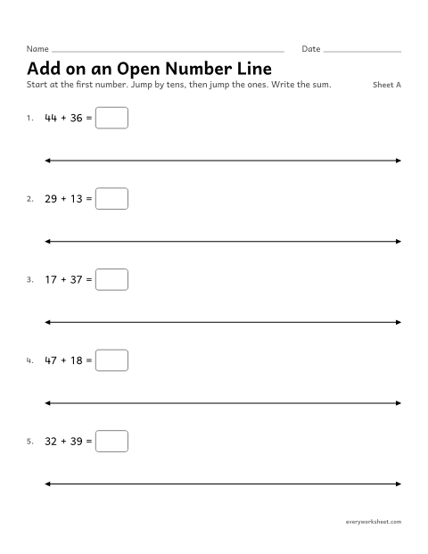 Preview of the printable “Add on an open number Line, sheet A” worksheet: showing two-digit sums on a number line
