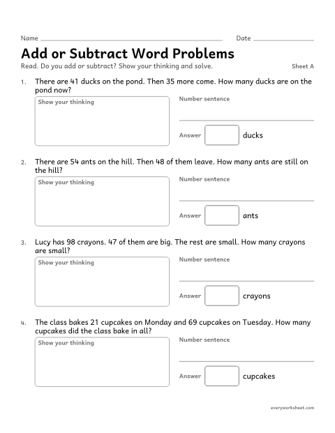 Preview of the printable “Add or subtract word Problems, sheet A” worksheet: choosing to add or subtract in word problems within 100