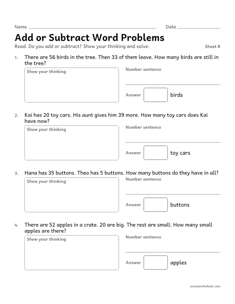 Preview of the printable “Add or subtract word Problems, sheet B” worksheet: choosing to add or subtract in word problems within 100