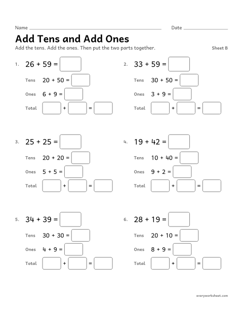 Preview of the printable “Add tens and add Ones, sheet B” worksheet: adding two-digit numbers by place value (tens and ones)