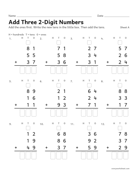 Preview of the printable “Add three 2-Digit Numbers, sheet A” worksheet: adding three two-digit numbers