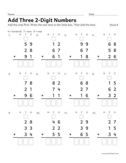 Preview of the printable “Add three 2-Digit Numbers, sheet B” worksheet: adding three two-digit numbers