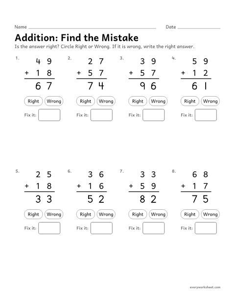 Preview of the printable “Addition: find the mistake” worksheet: explaining two-digit addition with regrouping by finding a mistake