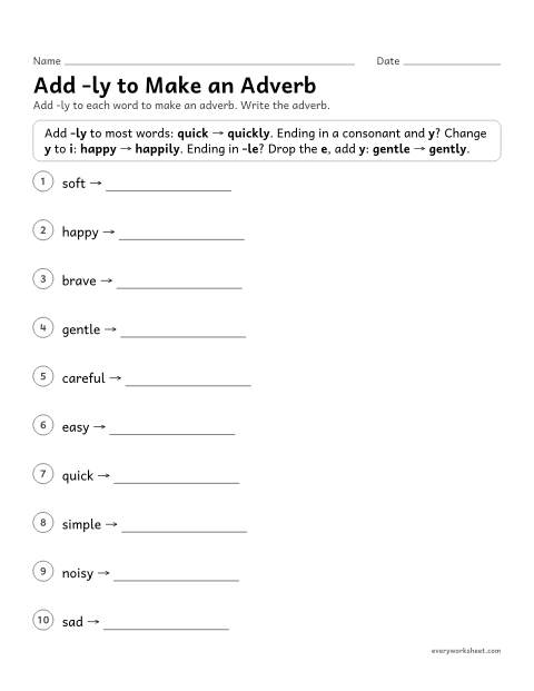 Preview of the printable “Add -ly to make an adverb” worksheet: forming adverbs with -ly (y to i, -le to -ly)
