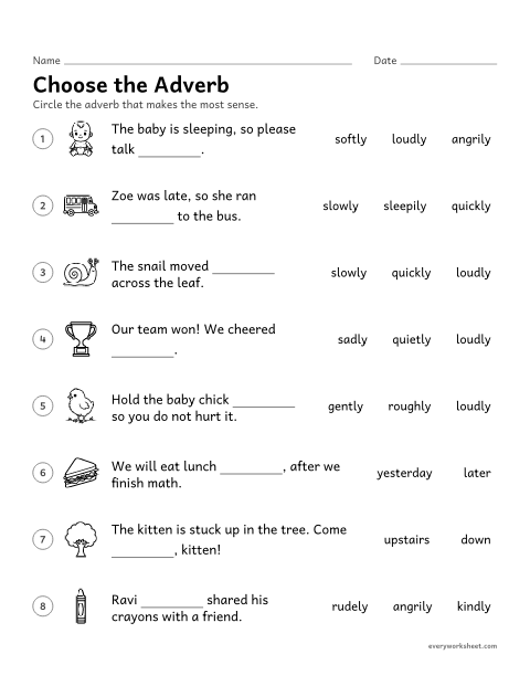Preview of the printable “Choose the adverb” worksheet: choosing an adverb that fits the meaning of a sentence