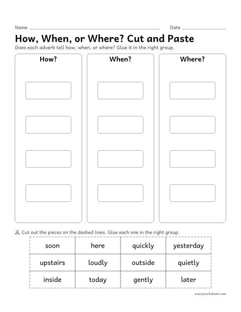 Preview of the printable “How, When, or Where? cut and paste” worksheet: sorting adverbs that tell how, when and where